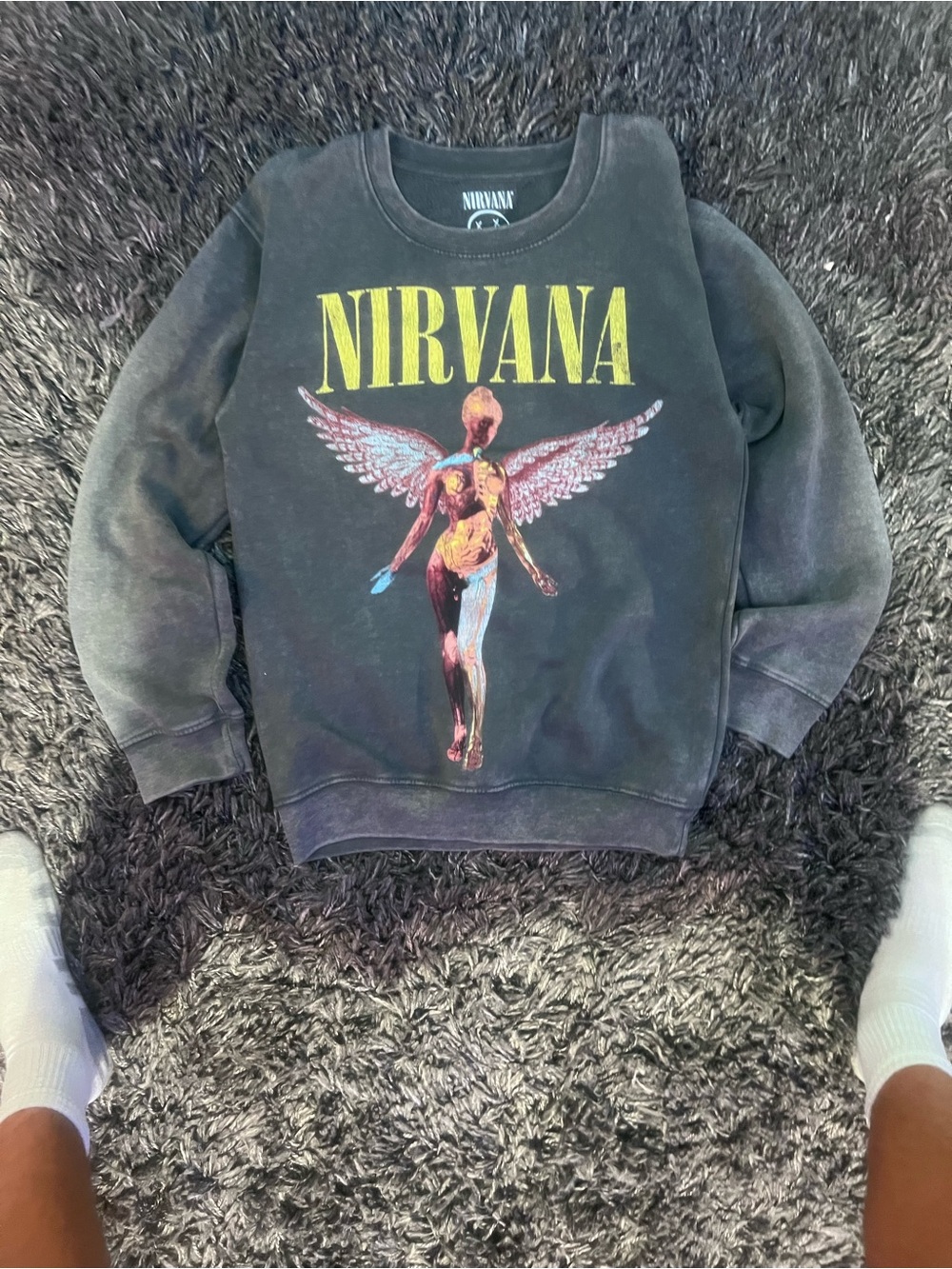 NIRVANA Black Crewneck Sweatshirt with Yellow Logo and Multicolor Angel